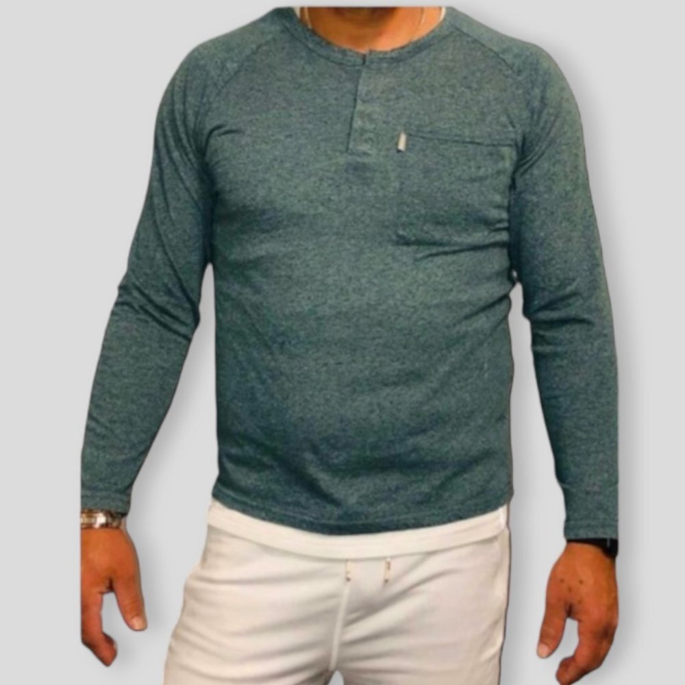 Bench Long Sleeve Henley Snap Button Crew Neck Cotton Heathered Green Shirt